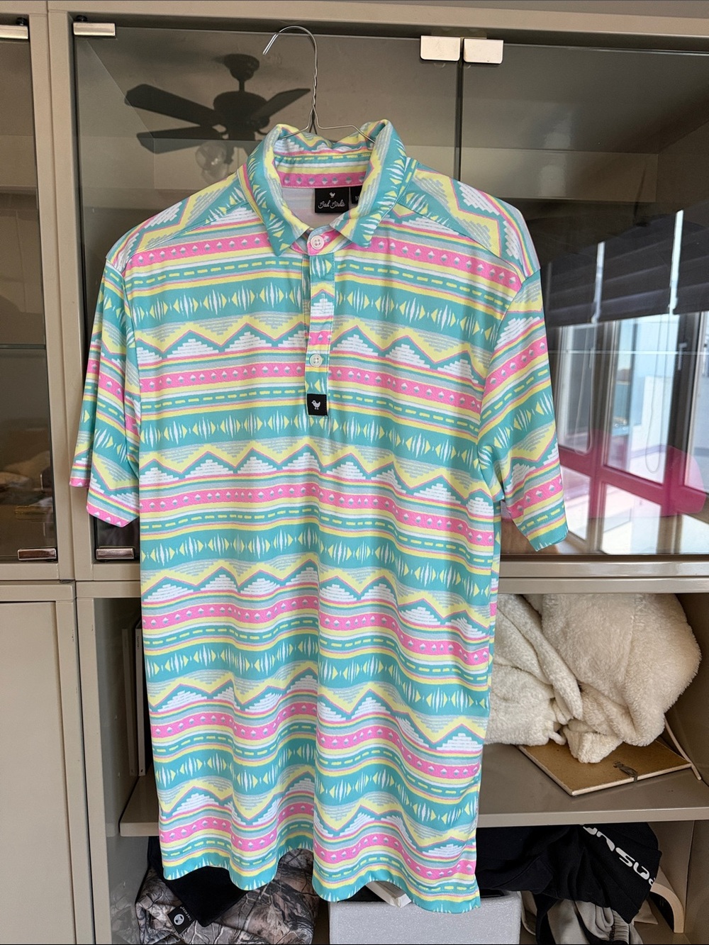 Bad Birdie Aqua, Pink & Yellow Geometric Stripe Polo